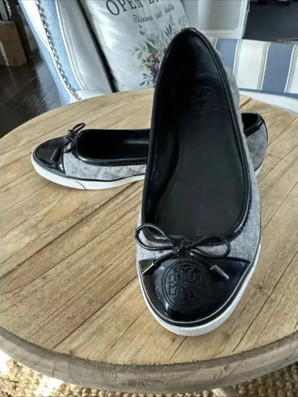 Tory Burch Skyler Grey Quilted Wool Patent Leather Toe Ballet Flats Size 6.5